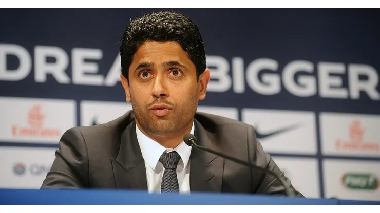 PARIS, FRANCE - JULY 16: Paris Saint-Germain's (PSG) chairman Nasser Al-Khelaifi speaks during a press conference on July 16, 2013 in Paris, France. Cavani's transfer to Paris Saint-Germain football club is reported to have cost in the region of £55m. (Photo by Antoine Antoniol/Getty Images)