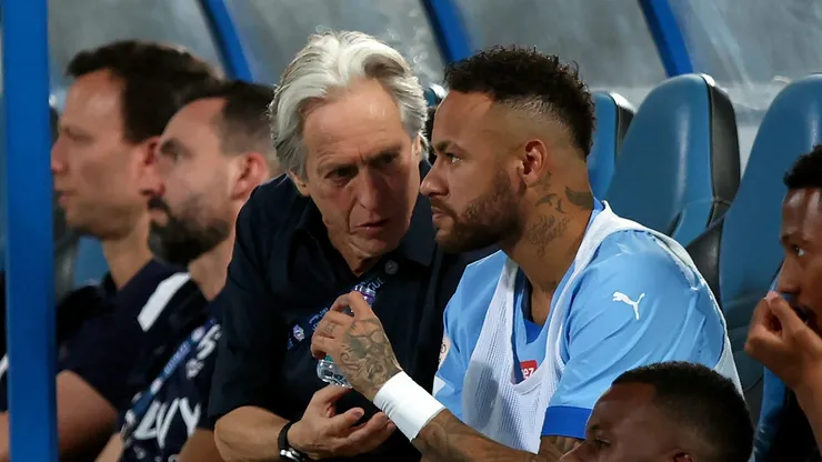RIYADH, SAUDI ARABIA - SEPTEMBER 15: Neymar Jr of Al Hilal looks on from the substitutes bench during the match between Al-Hilal and Riyadh at Prince Faisal Bin Fahad on September 15, 2023 in Riyadh, Saudi Arabia. (Photo by Yasser Bakhsh/Getty Images)