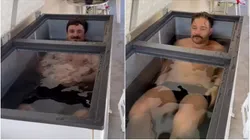 Allan Mello e Fabiano Kovalski em banho de água gelada (Reprodução stories do Instagram @fabianokovalski e @allansheik)