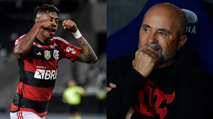 Foto Esq.: Thiago Ribeiro/AGIF e Foto Dir.: Thiago Ribeiro/AGIF - Bruno Henrique e Jorge Sampaoli