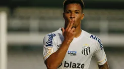 SANTOS, BRAZIL - JULY 23: Marcos Leonardo of Santos celebrates after scoring the team's second goal during the match between Santos and Botafogo as part of Brasileirao Series A 2023 at Urbano Caldeira Stadium (Vila Belmiro) on July 23, 2023 in Santos, Brazil. (Photo by Ricardo Moreira/Getty Images)