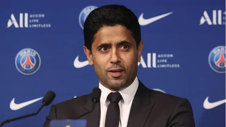 PARIS, FRANCE - AUGUST 11: President Nasser Al Khelaifi answers journalists during a conference of Paris Saint-Germain at Parc des Princes on August 11, 2021 in Paris, France. (Photo by Sebastien Muylaert/Getty Images)
