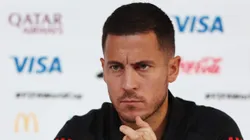 DOHA, QATAR - NOVEMBER 26: Eden Hazard of Belgium reacts during the Belgium Press Conference at the Main Media Center on November 26, 2022 in Doha, Qatar. (Photo by Mohamed Farag/Getty Images)