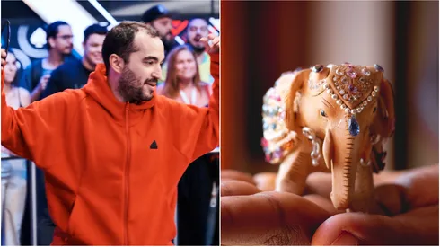 João Sydens usou uma superstição com um elefante decorativo (Fotos: Manuel Kovsca/PokerStars e Reprodução Pixabay)