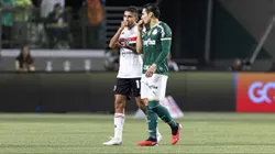 Raphael Veiga jogador do Palmeiras disputa lance com Rodrigo Nestor jogador do Sao Paulo durante partida no estadio Arena Allianz Parque pelo campeonato Brasileiro A 2023. Foto: Abner Dourado/AGIF