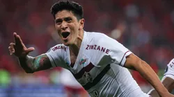 German Cano jogador do Fluminense comemora seu gol durante partida contra o Internacional no estadio Beira-Rio pelo campeonato Libertadores 2023. Foto: Maxi Franzoi/AGIF