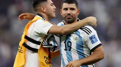 LUSAIL CITY, QATAR - DECEMBER 18: Sergio Aguero former Argentine player (R) hugs Exequiel Palacios of Argentina after winning the FIFA World Cup Qatar 2022 Final match between Argentina and France at Lusail Stadium on December 18, 2022 in Lusail City, Qatar. (Photo by Clive Brunskill/Getty Images)