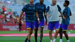 FARO, PORTUGAL - JULY 20: Cristiano Ronaldo of Al Nassr with teammates in action during the warm up before the start of the Pre-Season Friendly match between Al Nassr and SL Benfica at Estadio Algarve on July 20, 2023 in Faro, Portugal. (Photo by Gualter Fatia/Getty Images)