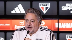 O presidente Julio Casares fala aos jornalistas durante apresentacao oficial de James Rodriguez como jogador do Sao Paulo em coletiva de imprensa realizada no CT Barra Funda. Foto: Abner Dourado/AGIF