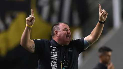 SANTOS, BRAZIL – MAY 04: Marcelo Fernandes head coach of Santos reacts during a match between Santos and The Strongest as part of Group C of Copa CONMEBOL Libertadores 2021 at Vila Belmiro Stadium on May 04, 2021 in Santos, Brazil. (Photo by Alexandre Schneider/Getty Images)