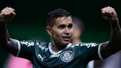 SAO PAULO, BRAZIL - NOVEMBER 02: Dudu of Palmeiras celebrates the third goal of his team scored by teammate Rony (not in the frame) during a match between Palmeiras and Fortaleza as part of Brasileirao Series A 2022 at Allianz Parque on November 02, 2022 in Sao Paulo, Brazil. (Photo by Alexandre Schneider/Getty Images)