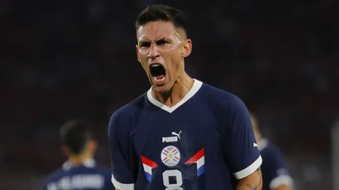 SANTIAGO, CHILE - MARCH 27: Matias Rojas #8 of Paraguay celebrates a goal with teammates during an international friendly match against Paraguay at Estadio Monumental David Arellano on March 27, 2023 in Santiago, Chile. (Photo by Marcelo Hernandez/Getty Images)