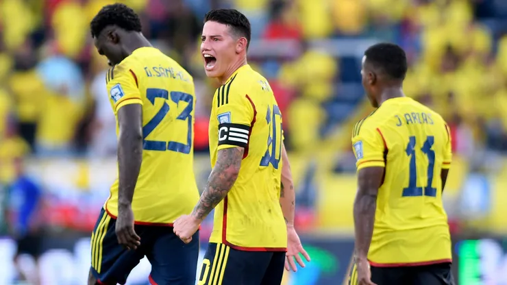 BARRANQUILLA, COLOMBIA - OCTOBER 12: James Rodriguez (R) of Colombia reacts during a FIFA World Cup 2026 Qualifier match between Colombia and Uruguay at Roberto Melendez Metropolitan Stadium on October 12, 2023 in Barranquilla, Colombia. (Photo by Gabriel Aponte/Getty Images)