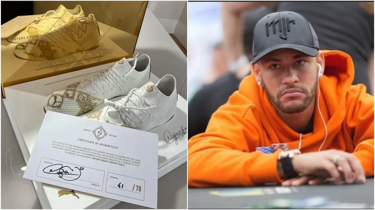 Chuteira especial do Neymar entregue a jogador de poker (Fotos: Reprodução Instagram @rafaelmoraesgm e Carlos Monti/BSOP)