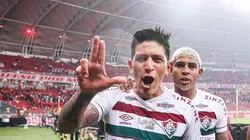 RS - PORTO ALEGRE - 04/10/2023 - LIBERTADORES 2023, INTERNACIONAL X FLUMINENSE - German Cano e John Kennedy jogadores do Fluminense comemoram vitoria ao final da partida contra o Internacional no estadio Beira-Rio pelo campeonato Libertadores 2023. Foto: Maxi Franzoi/AGIF