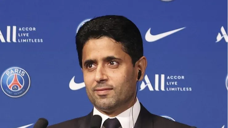 PARIS, FRANCE - AUGUST 11: Lionel Messi answers journalists with President Nasser Al Khelaifi during a conference of Paris Saint-Germain at Parc des Princes on August 11, 2021 in Paris, France. (Photo by Sebastien Muylaert/Getty Images)