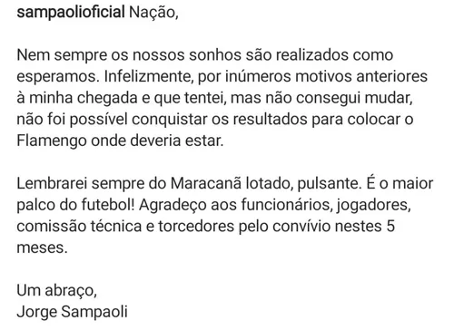 Postagem de Sampaoli em sua conta no Instagram