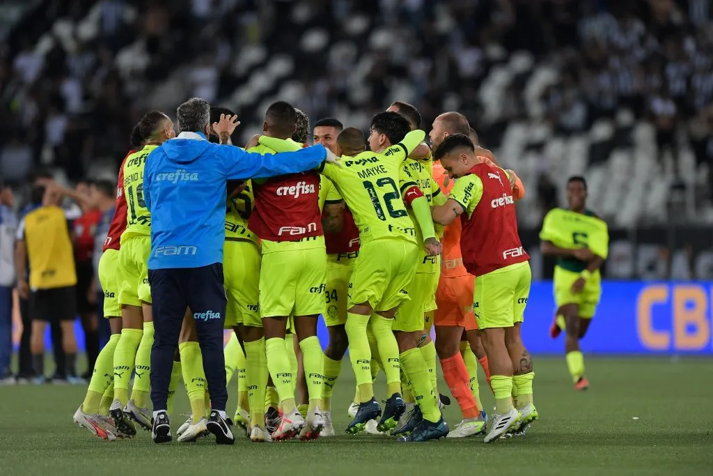 Jogadores do Palmeiras comemoram virada contra o Botafogo – Foto: Thiago Ribeiro/AGIF