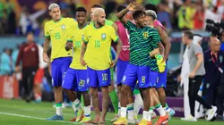 DOHA, QATAR - DECEMBER 05: Vinicius Junior, Neymar and Fred of Brazil acknowledge the fans after the team's victory during the FIFA World Cup Qatar 2022 Round of 16 match between Brazil and South Korea at Stadium 974 on December 05, 2022 in Doha, Qatar. (Photo by Buda Mendes/Getty Images)
