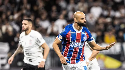 Thaciano jogador do Bahia comemora seu gol durante partida contra o Corinthians no estadio Arena Corinthians pelo campeonato Brasileiro A 2023. Foto: Abner Dourado/AGIF