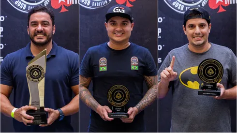 Rodrigo Insfran (à esquerda), Peterson Machado (ao centro) e Thiago Segura (à direita) venceram torneios do BSOP Millions