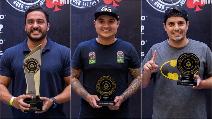 Rodrigo Insfran (à esquerda), Peterson Machado (ao centro) e Thiago Segura (à direita) venceram torneios do BSOP Millions