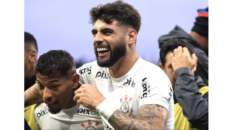 Yuri Alberto jogador do Corinthians comemora seu gol durante partida contra o Coritiba no estadio Arena Corinthians pelo campeonato Brasileiro A 2023. Foto: Marcello Zambrana/AGIF