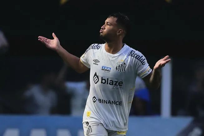 Marcos Leonardo jogador do Santos comemora seu gol durante partida pelo Brasileiro. Foto: Ettore Chiereguini/AGIF