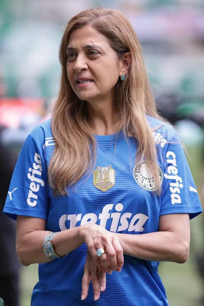 Leila Pereira, presidente do Palmeiras, durante partida contra o Cuiaba no estádio Arena Allianz Parque pelo campeonato BRASILEIRO A 2023. Foto: Ettore Chiereguini/AGIF