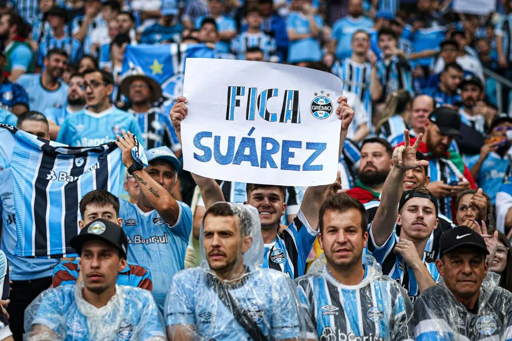 Torcida durante partida entre Gremio e Corinthians no estadio Arena do Gremio pelo campeonato Brasileiro A 2023. Foto: Maxi Franzoi/AGIF