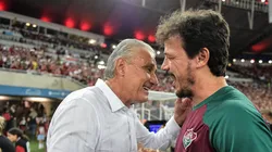 Tite, do Fla, e Diniz, do Flu, se cumprimentam antes da bola rolar. Foto: Thiago Ribeiro/AGIF