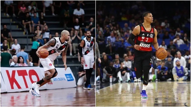 Marquinhos, do Vasco, e Scott Machado, do Flamengo. Foto 1: Vinicius Molz Schubert / Basquete União Corinthians; Foto 2: Gilvan de Souza / CRF