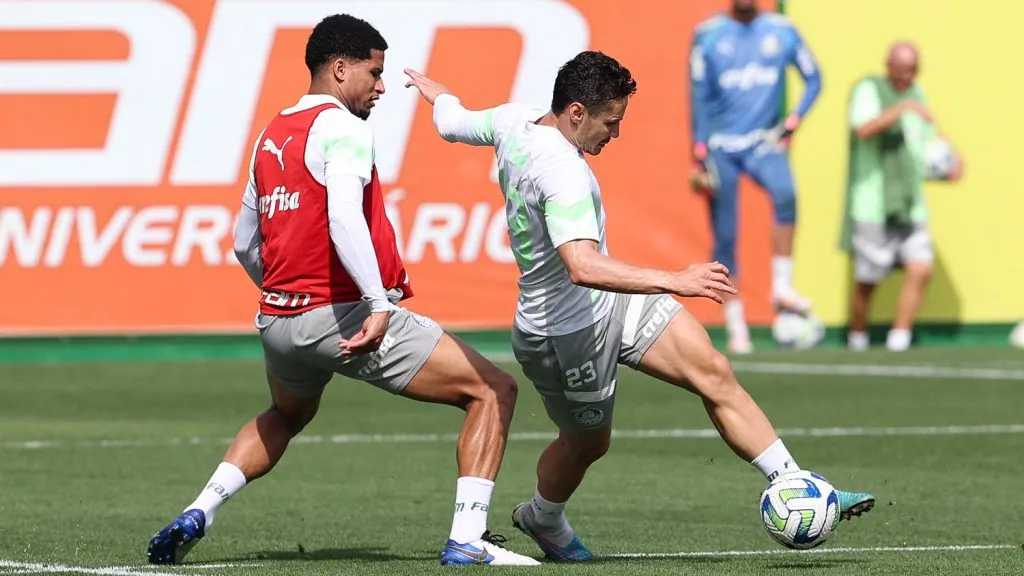 Murilo e Veiga treinam na Academia. A dupla foi essencial para apoiar Endrick, como revelou a Cria – Foto:  (Foto: Cesar Greco/Palmeiras/by Canon)