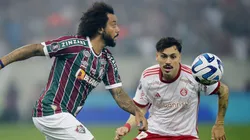 Marcelo, jogador do Fluminense, disputa lance com Mauricio jogador do Internacional, durante partida no estadio Maracana pelo campeonato Libertadores 2023 e agora vão se enfrentar na quarta pelo Brasilierão. Alexandre Loureiro/AGIF