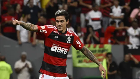 DF - BRASILIA - 01/11/2023 - BRASILEIRO A 2023, FLAMENGO X SANTOS - Pedro jogador do Flamengo comemora seu gol durante partida contra o Santos no estadio Mane Garrincha pelo campeonato Brasileiro A 2023. Foto: Mateus Bonomi/AGIF