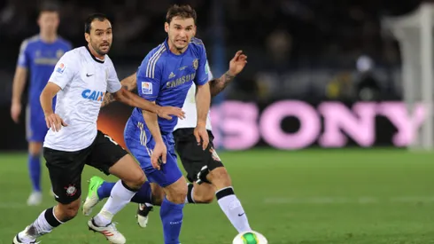 YOKOHAMA, JAPAN - DECEMBER 16: Branislav Ivanovic of Chelsea and Danilo of Corinthians chase the ball during the FIFA Club World Cup Final Match between Corinthians and Chelsea at International Stadium Yokohama on December 16, 2012 in Yokohama, Japan. (Photo by Kaz Photography/Getty Images)