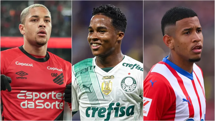 Vitor Roque, Endrick e Savinho. Foto: Robson Mafra/Gilson Lobo/AGIF; Getty Images