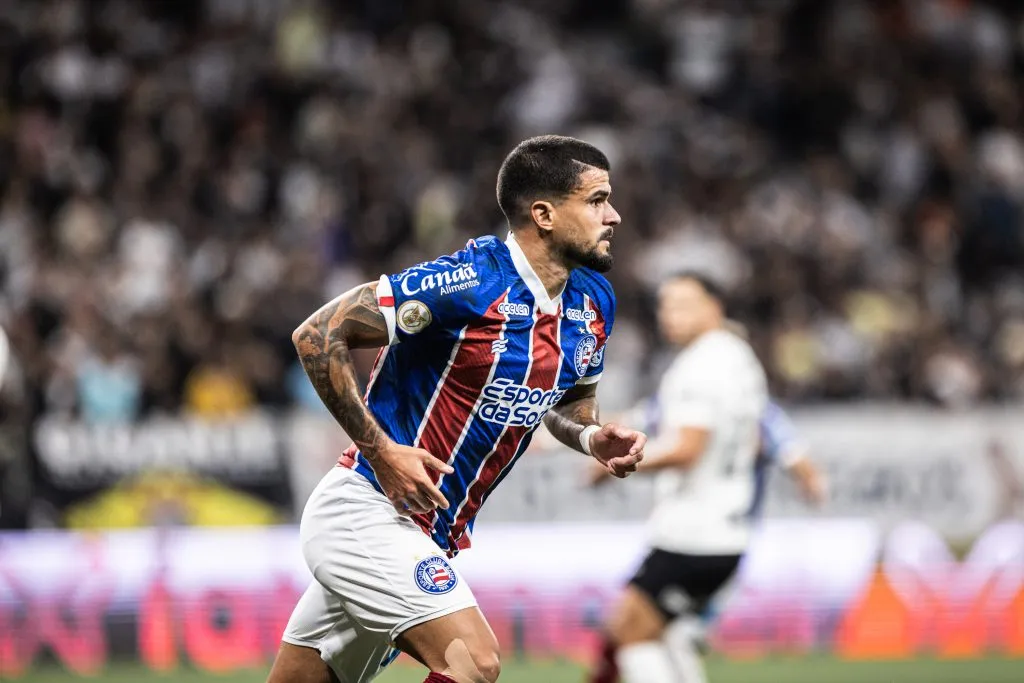 Cauly, jogador do Bahia, comemora seu gol durante partida contra o Corinthians no estádio Arena Corinthians pelo campeonato Brasileiro A 2023. Foto: Abner Dourado/AGIF