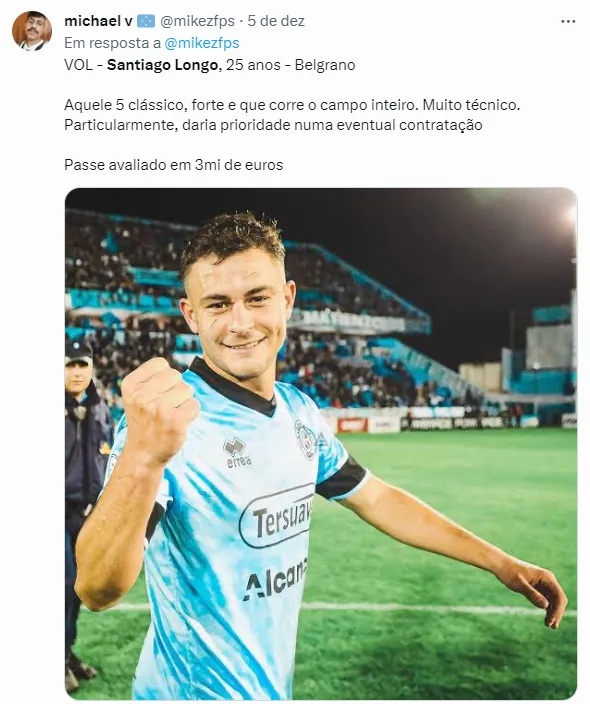 Santiago Longo, volante do Belgrano – Foto: Reprodução / Redes Sociais