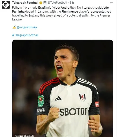 João Palhinha está perto de deixar o Fulham e a imprensa inglesa aponta que o substituto está no Flu