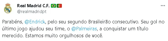 Foto: Reprodução/X – Conta do Real Madrid em português parabeniza Endrick