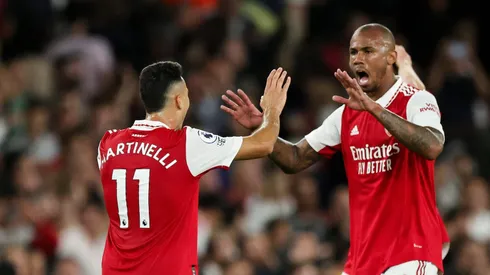 Gabriel Martinelli celebrates with Gabriel Magalhaes of Arsenal after the final whistle of the Premier League match between Arsenal FC and Aston Villa at Emirates Stadium on August 31, 2022 in London, England. (Photo by David Rogers/Getty Images)