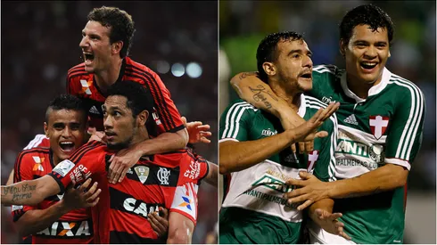 Flamengo e Palmeiras em 2014. Fotos: Buda Mendes/Miguel Schincariol/Getty Image