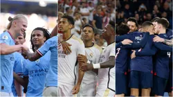 Manchester City, Real Madrid e PSG. Fotos: Laurence Griffiths/Tim Warner/Getty Images