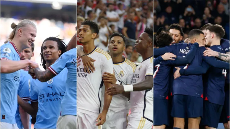 Manchester City, Real Madrid e PSG. Fotos: Laurence Griffiths/Tim Warner/Getty Images