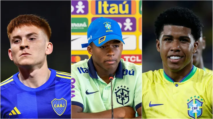 Valentín Barco, Endrick e Andrey Santos. Fotos: Marcelo Endelli/Getty Images; Joilson Marconne /Rafael Ribeiro/ CBF