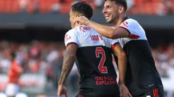 Jogadores do Sao Paulo comemora seu gol com Calleri jogador da sua equipe durante partida contra o Bragantino no estadio Morumbi pelo campeonato Brasileiro A 2022. Foto: Marcello Zambrana/AGIF