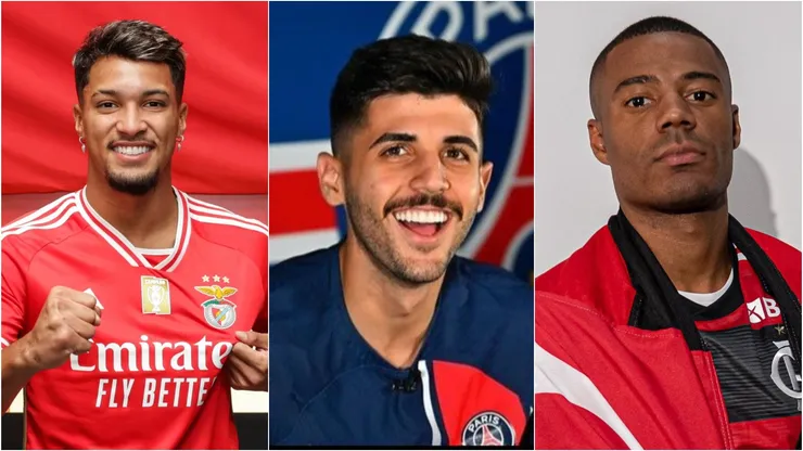 Marcos Leonardo, Lucar Beraldo e De la Cruz. Divulgação/Benfica; Instagram/@lberaldo; Paula Reis / CR Flamengo