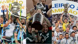 Taça da Copa do Brasil, Brasileirão e Libertadores. Buda Mendes/Getty Images; Ricardo Rimoli/AGIF. Ale Cabral/AGIF.