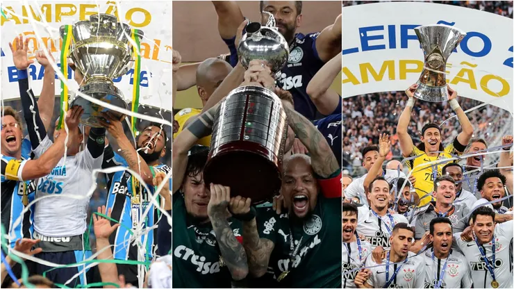 Taça da Copa do Brasil, Brasileirão e Libertadores. Buda Mendes/Getty Images; Ricardo Rimoli/AGIF. Ale Cabral/AGIF.